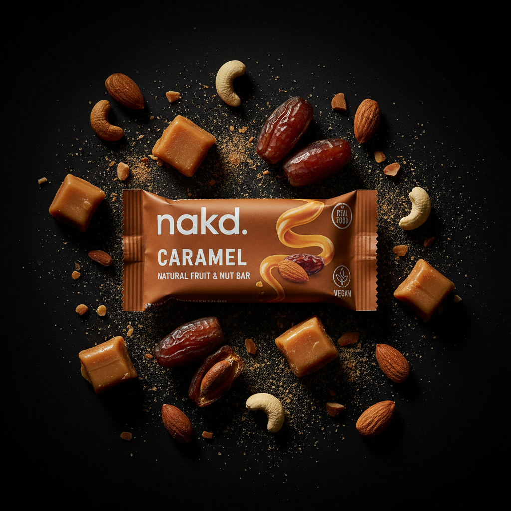 Barre Nakd Caramel fond noir premium